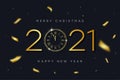 2021 New Year and Merry Christmas banner with gold vintage clock with Roman numerals and golden confetti. Shiny text and clock
